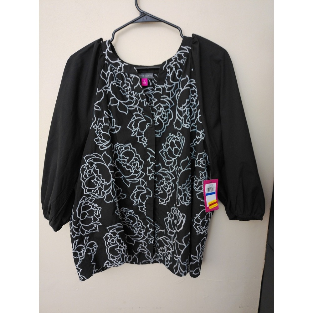 NWT Vince Camuto Blouse Womens Black Floral Embroidered Balloon Sleeve â Top XL